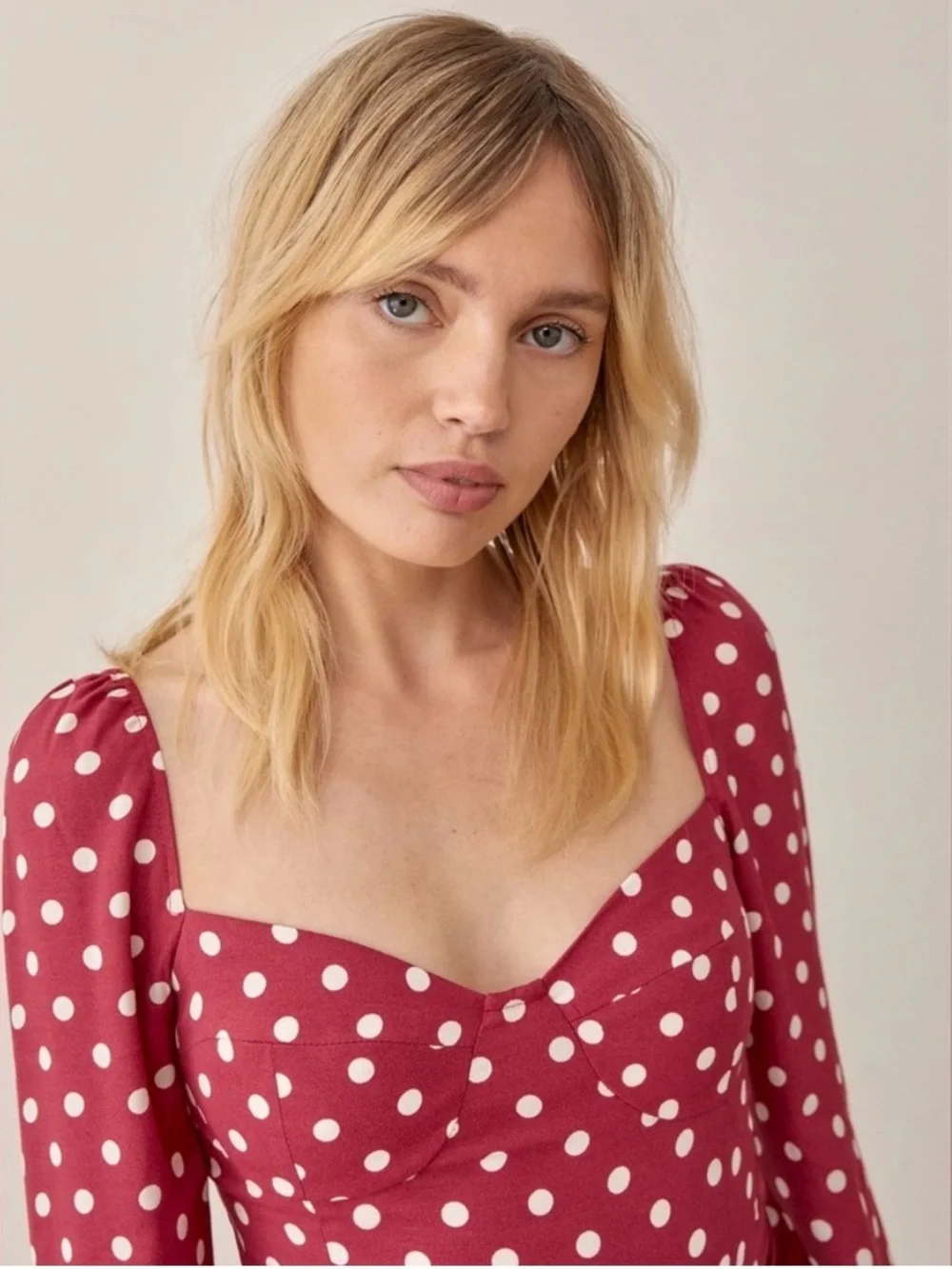 Reformation Red Polka Dot Square-Neck Long Sleeve Top